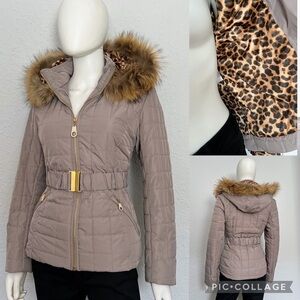 NWT WOMEN QUILTED L/GRAY  JACKET REAL FUR TRIMMED HOOD BELTED TIGER PRINT LINING